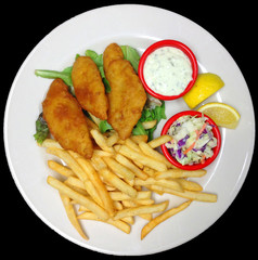 A Plate of Battered Fried Fish Fillets with French Fries