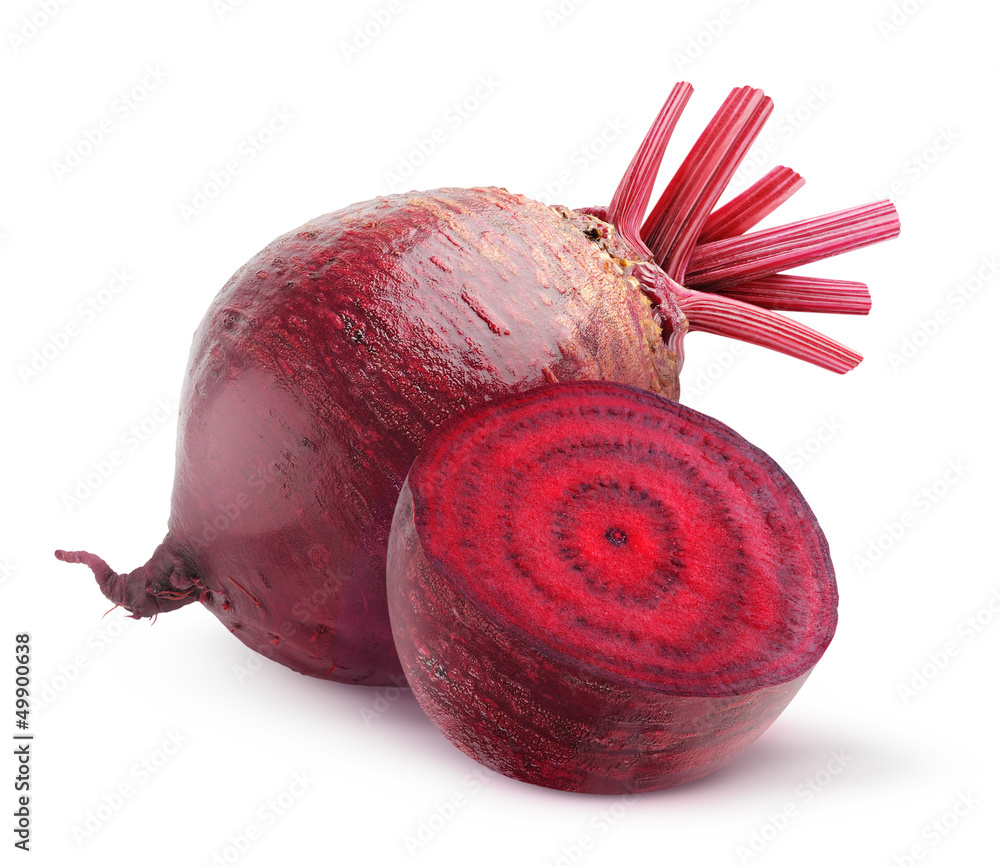 Poster isolated beet. whole red beetroot and a half isolated on white background