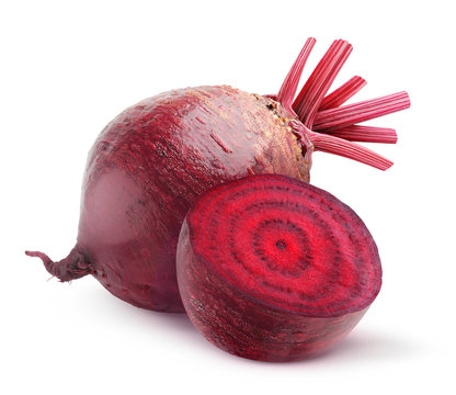 Isolated beet. Whole red beetroot and a half isolated on white background