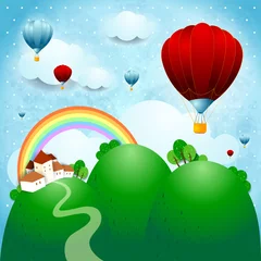 Gordijnen Fantasielandschap met land en ballonnen © Luisa Venturoli