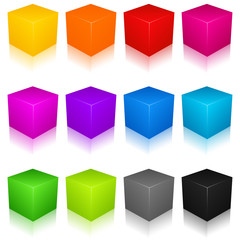 Colorful vector set of 3d cubes with reflection on white