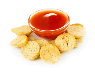 Crackers  and sauce, isolated on white
