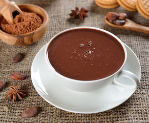 Hot chocolate on a jute background