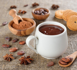 Hot chocolate on a jute background