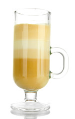 Fragrant coffee latte in glass cup isolated on white