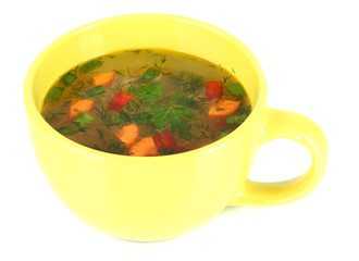 Fragrant soup in cup isolated on white