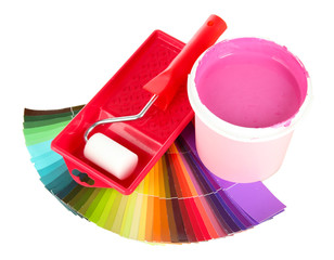 Set for painting: paint pot, paint-roller and palette of colors
