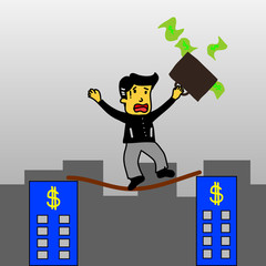 A business man balances with a briefcase, walks a high wire tigh