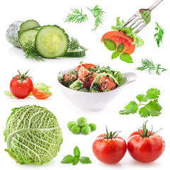 Collection on vegetable and salad in bowl isolated on white