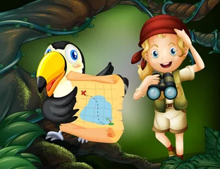 Photo sur Plexiglas Animaux de la forêt Une fille avec un télescope et un oiseau avec une carte