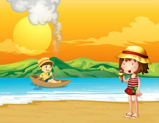 Poster Een jongen in een houten boot en een meisje aan de kust © GraphicsRF
