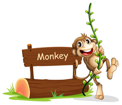 A smiling monkey beside a signage