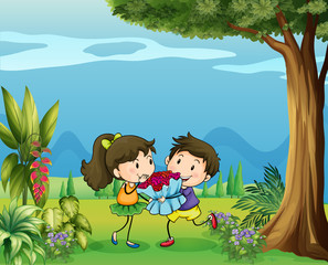 A boy giving a girl a bouquet of flowers