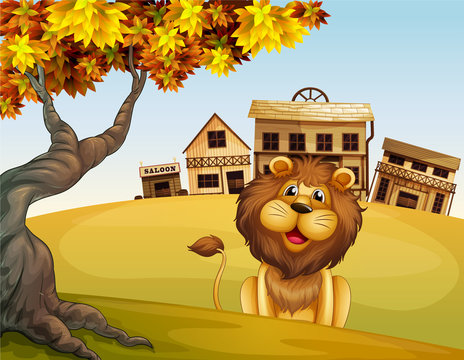 A lion in front of a wooden house