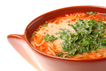 Tomato soup, parsley isolated white background