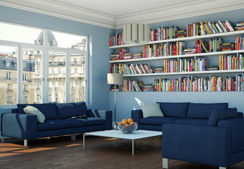 Wohnzimmer mit Bibliothek