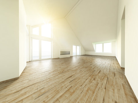 Leere Wohnung mit Parkettboden und Galerie 3D