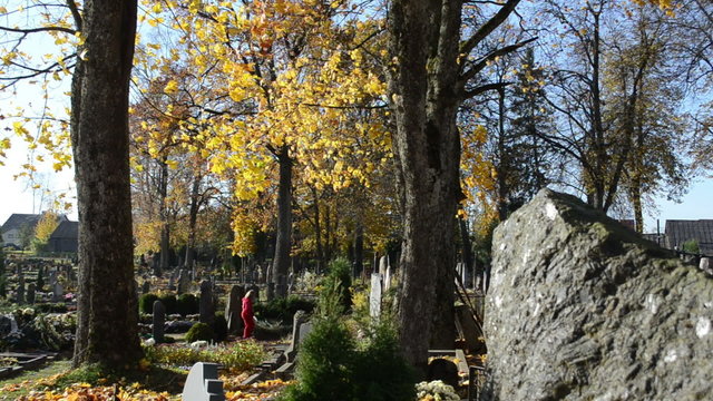 kid child red walk old rural cemetery graveyard autumn