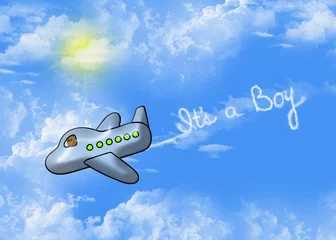 Papier Peint photo Avion, ballon Annonce de bébé garçon dans le ciel