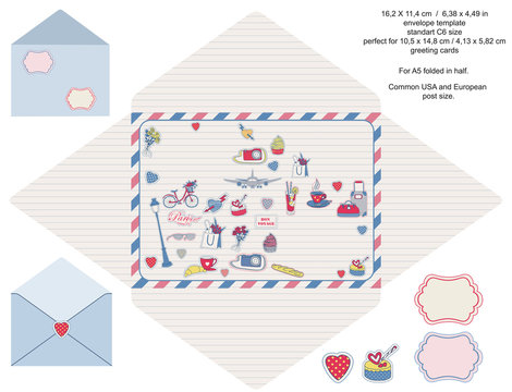 Envelope designer template. Paris icons.