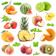 Collection of fruits with mint isolated on white background