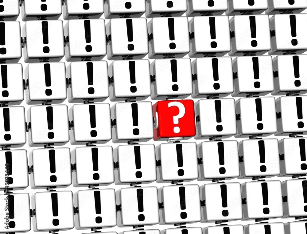 Poster 3d red question mark inside exclamation marks blocks