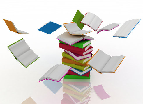 open books revolve around a stack of books