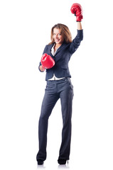 Woman businesswoman with boxing gloves on white