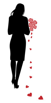 silhouette of a girl with a bouquet of roses and  hearts