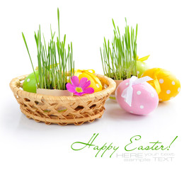 Easter eggs and green sprouts are in a basket on a white
