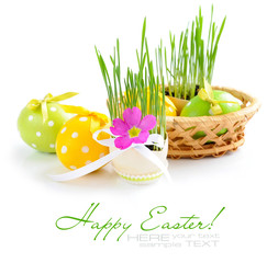 Composition from easter eggs and green sprouts in an egg