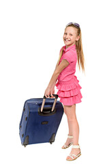 Smiling girl with suitcase and sunglasses