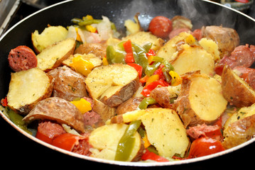 Frying Kielbasa, Potatoes and Peppers