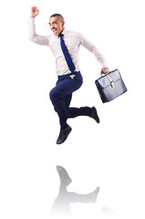 Muscular half naked businessman jumping on white