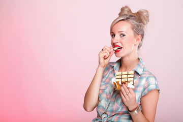 pinup girl Woman eating chocolate portrait