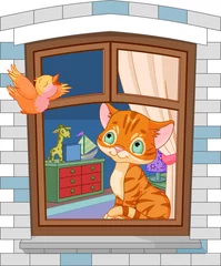 Foto op Canvas Leuk katje zittend op het raam © Anna Velichkovsky