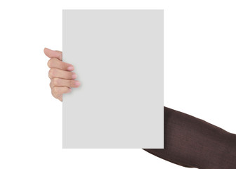 businesswoman's hand holding a blank paper isolated on white