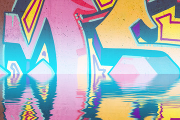 Background wall with graffiti reflection in  water, artistic urb