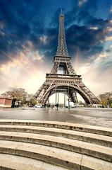 Paris. Gorgeous wideangle view of Eiffel Tower with Stairs to Se