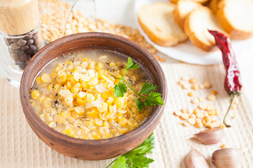 spicy pea soup with pepper and garlic
