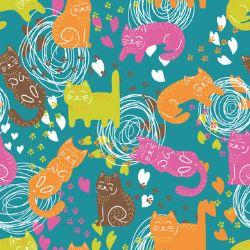Fototapeta Cute funny seamless pattern with cats
