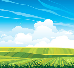 Naklejka premium Group of clouds and green field on a blue sky.