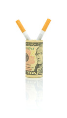 No smoking. Cigarettes and money on a white background.