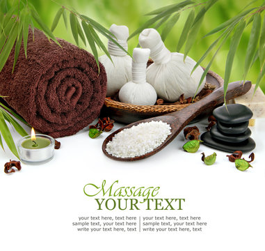 Spa massage border with towel, compress balls and bamboo
