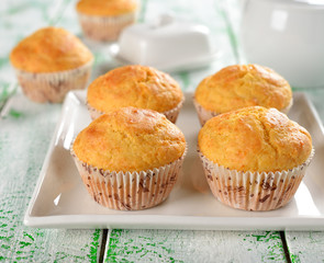 Corn muffins on a white table