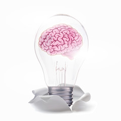 brain of idea. With lamp move up from torn paper