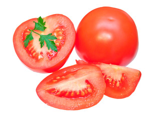Cut tomatoes with parsley, isolated on white background