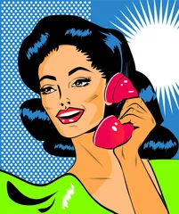 Deurstickers Strips Lady chatten op de telefoon - Retro illustraties