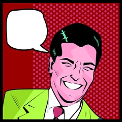 Foto auf Acrylglas Comics Pop Art Man - Punkt- und Farbschichten glücklicher Geschäftsmann im Gespräch