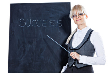 Business woman with chalk board